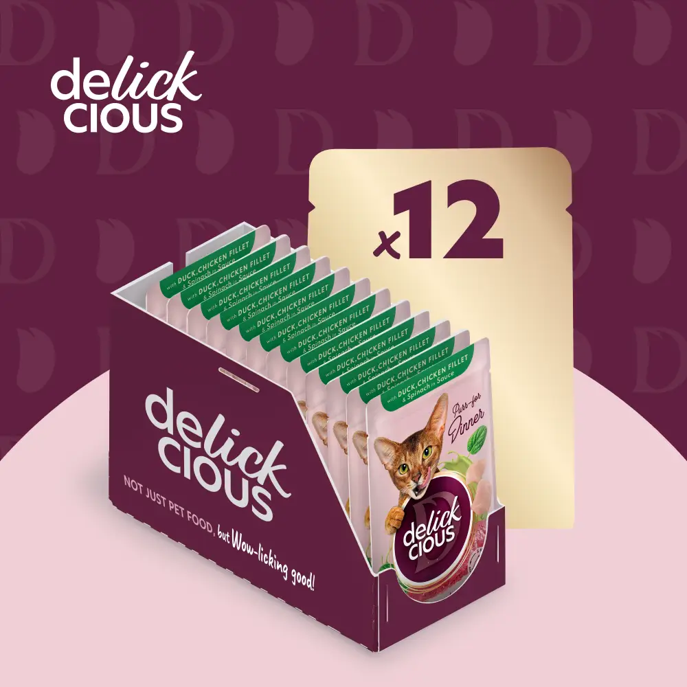 Delickcious паучі для котів 85г*12шт (шматочки з качкою, курячим філе і шпинатом в соусі)4