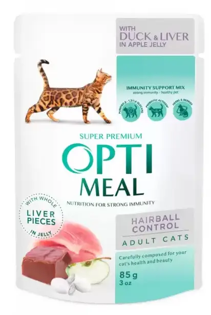 Optimeal Hairball паучі для котів з ефектом виведення шерсті 85г*12 (качка зі шматочками печінки в яблуневому желе)1