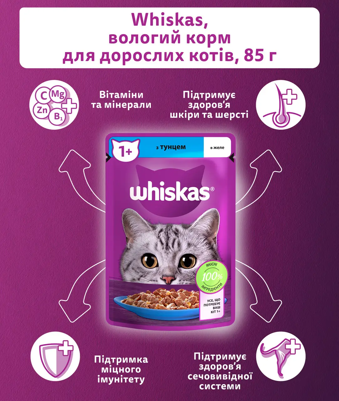 Whiskas паучи для кішок 85г*28шт (тунець в желе)2