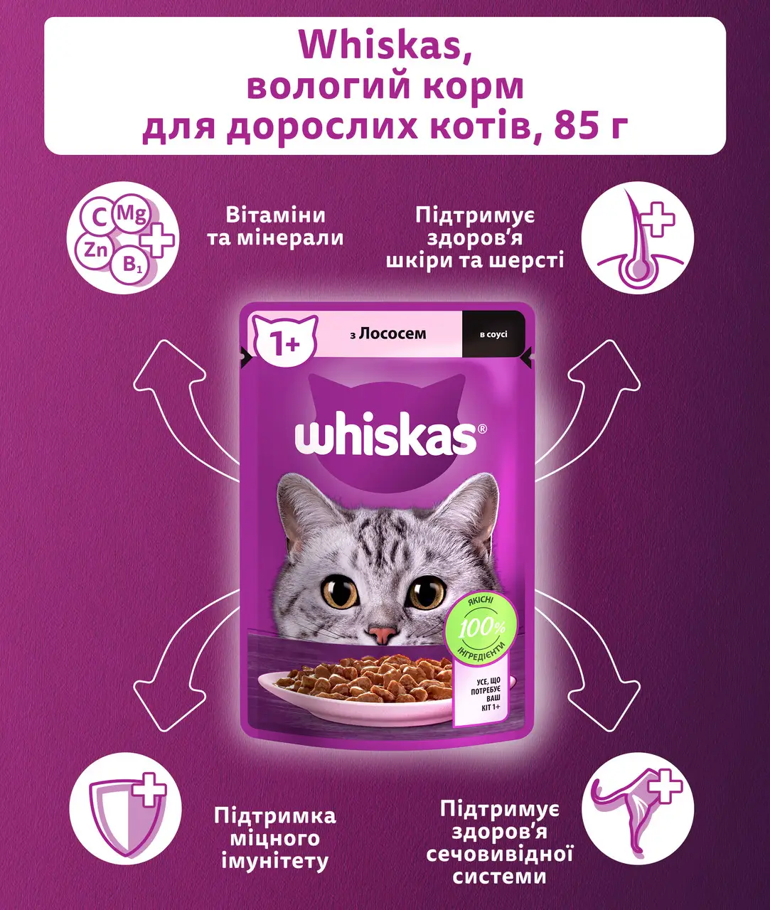 Whiskas паучи для кішок 85г*28шт (лосось в соусі)2