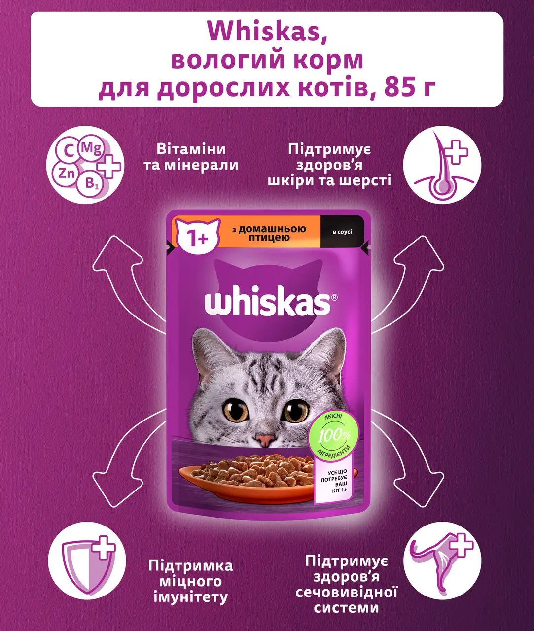 Whiskas паучі для котів 85г*28шт (домашня птиця в соусі)3