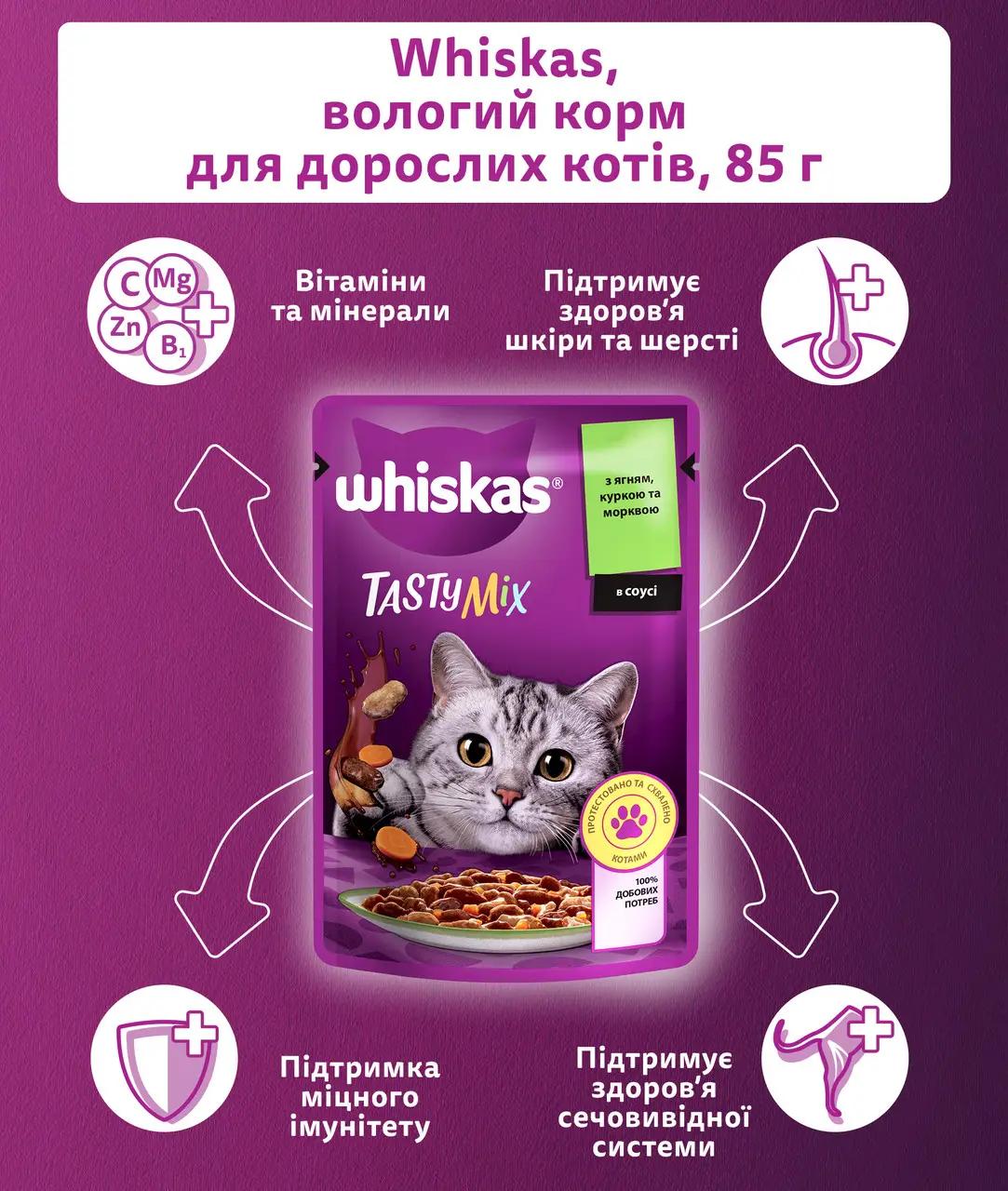 Whiskas Tasty Mix паучі для котів 85г*28шт (ягня, курка і морква в соусі)2