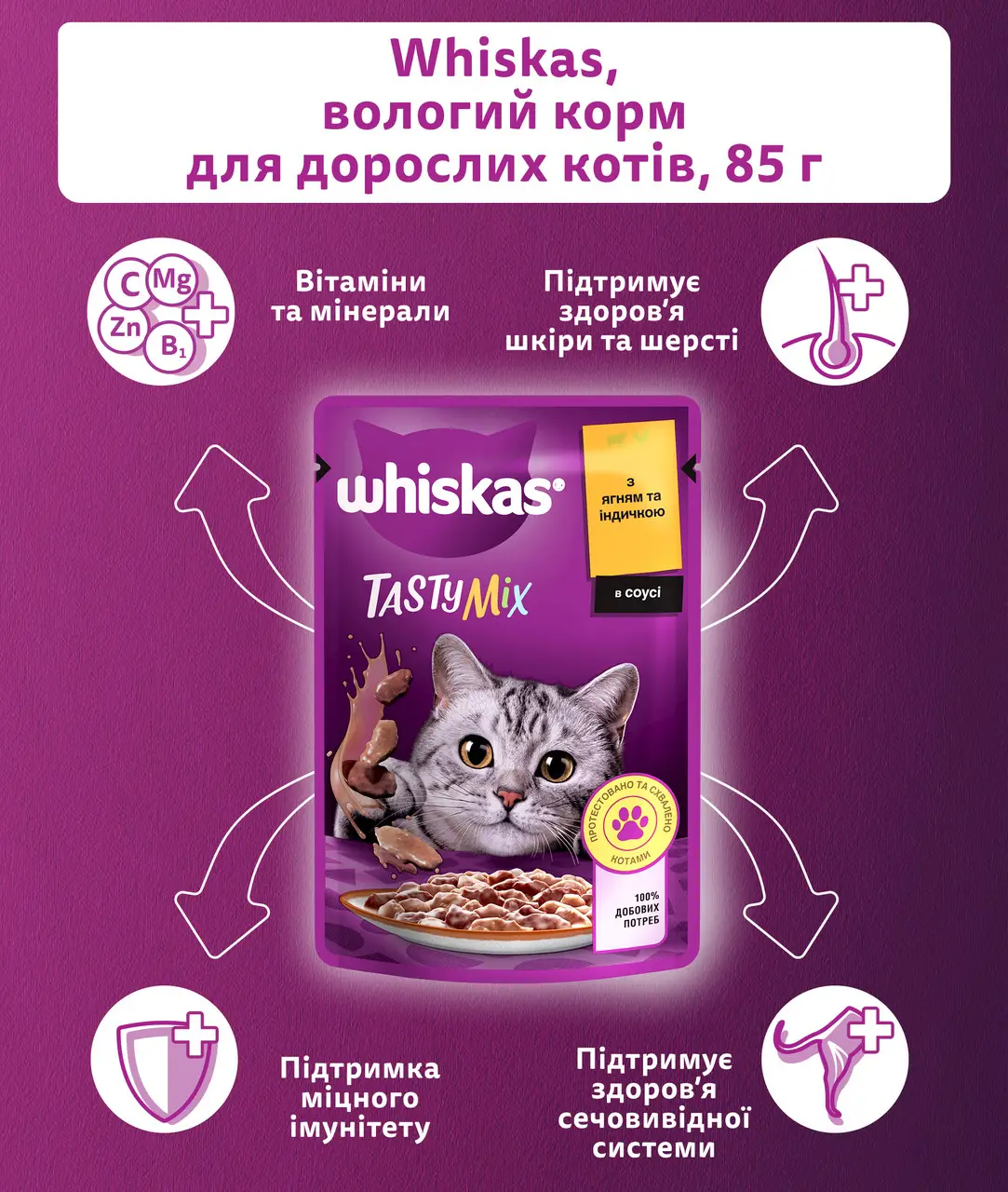 Whiskas Tasty Mix паучі для котів 85г*28шт (ягня і індичка в соусі)2
