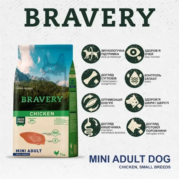 Bravery Adult Mini Chicken 7кг беззерновий корм для собак ( курка)4