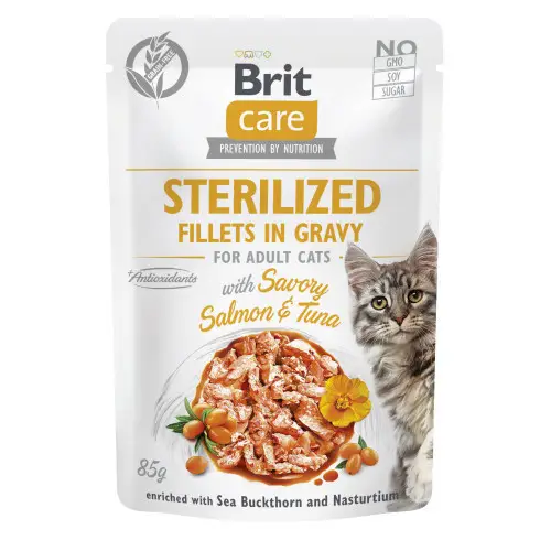 Brit Care Cat pouch 85g*24шт пауч для стерилізованих котів (філе в соусі з лососем і тунцем)1