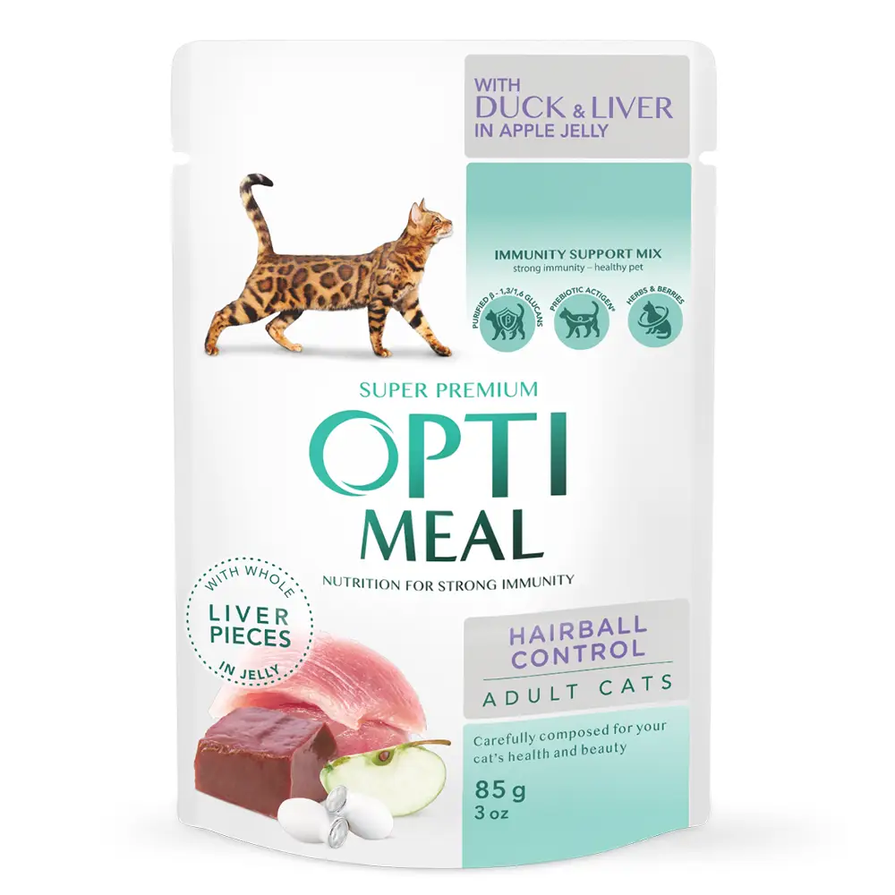Optimeal Hairball паучі для кішок з ефектом виведення шерсті 85г*4 (качка з шматочками печінки в яблучному желе)4