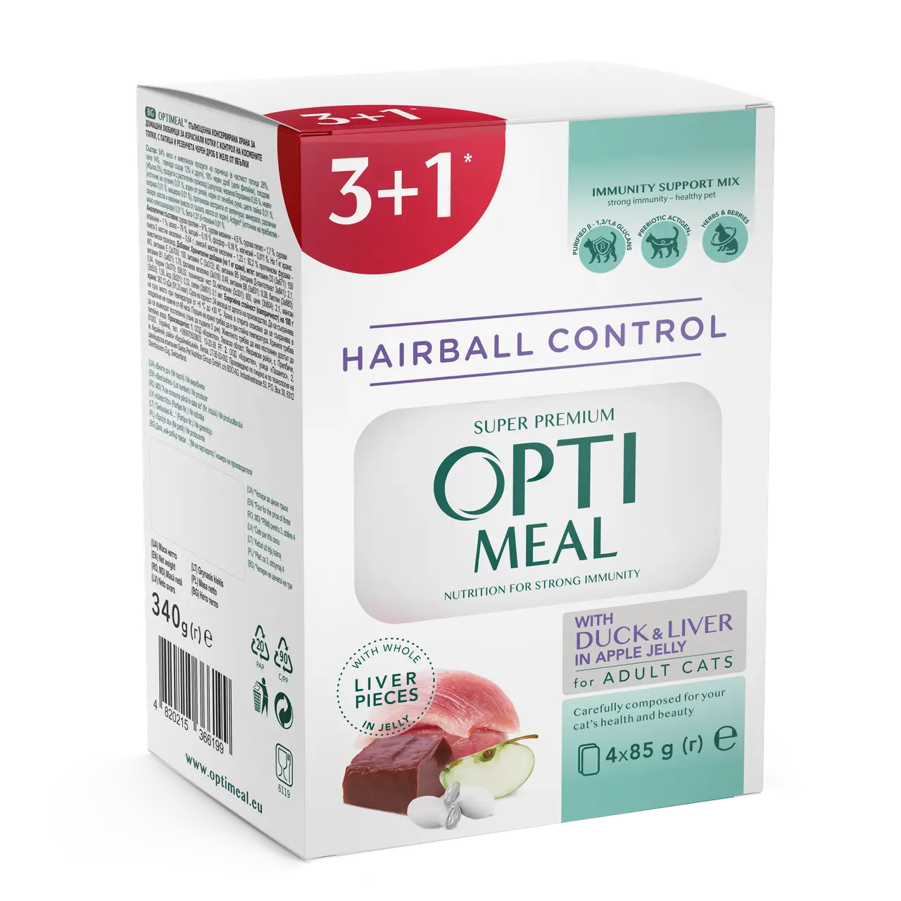 Optimeal Hairball паучі для кішок з ефектом виведення шерсті 85г*4 (качка з шматочками печінки в яблучному желе)1
